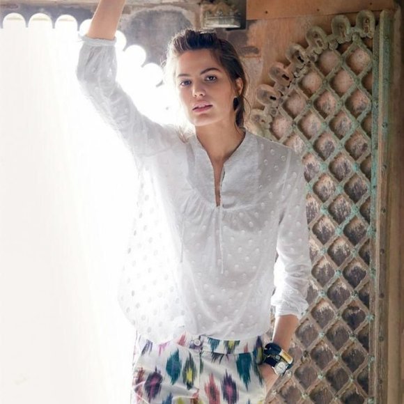 JCrew J. Crew #A5545  Tie Swiss Dot Peasant popover Blouse top white size 0 XS - Picture 1 of 13